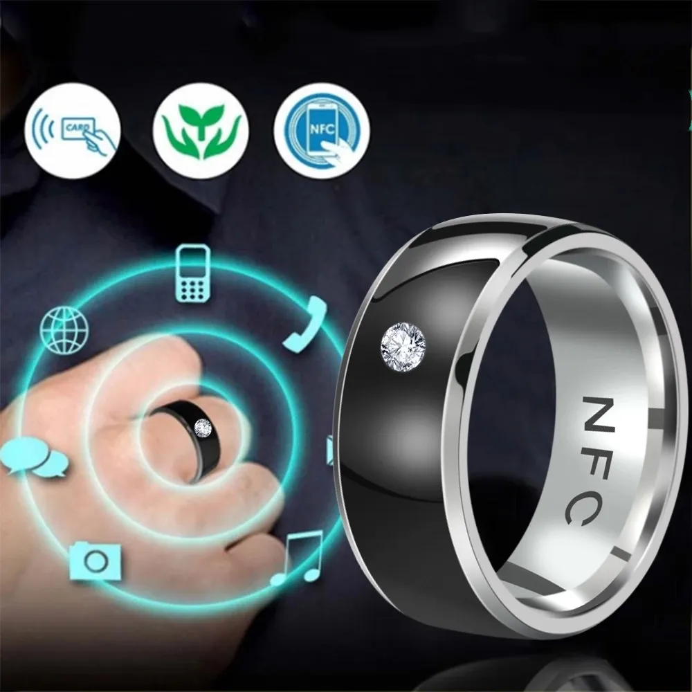 1 PC Stainless Steel Rhinestone Smart Temperature Sensing NFC Fashion Ring