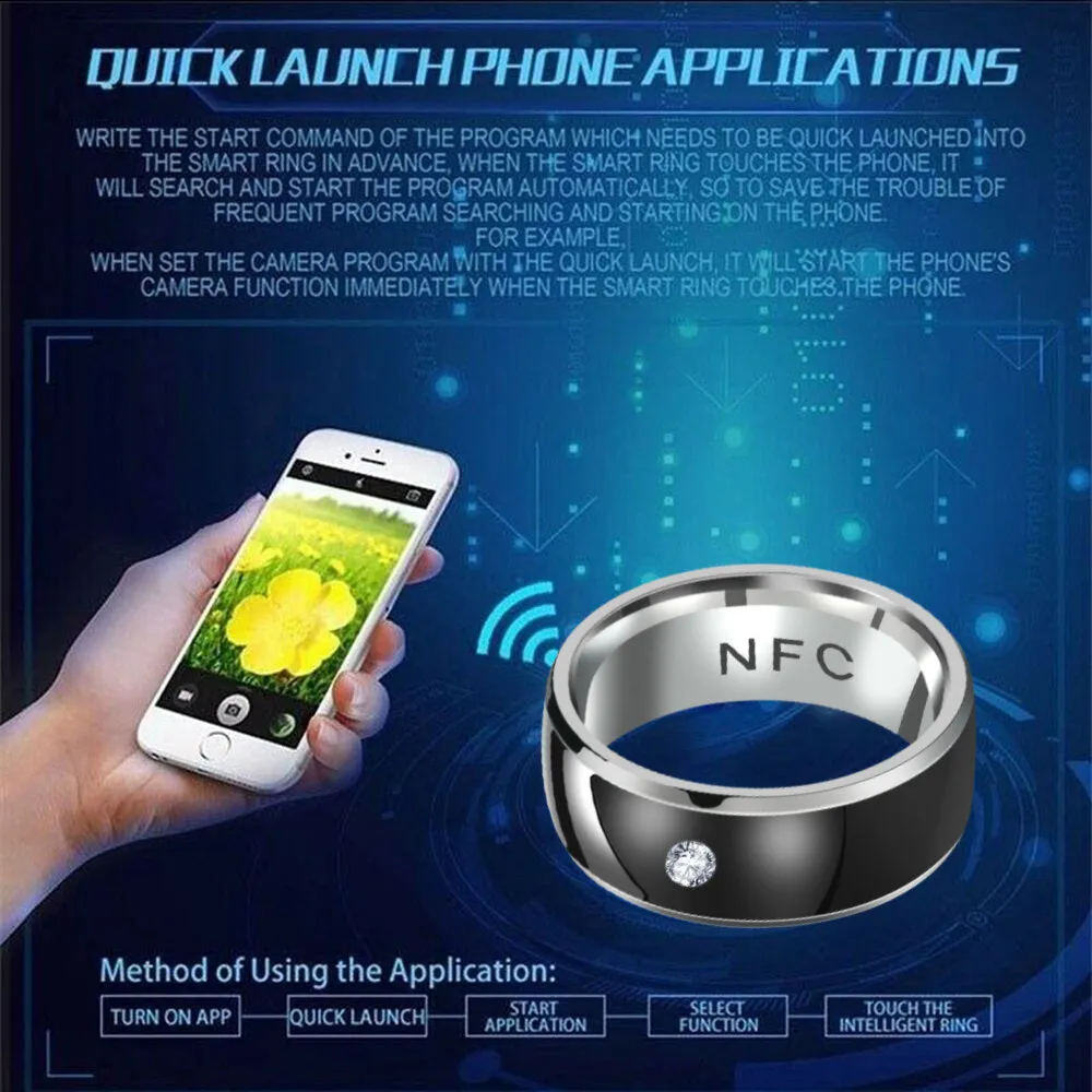 1 PC Stainless Steel Rhinestone Smart Temperature Sensing NFC Fashion Ring