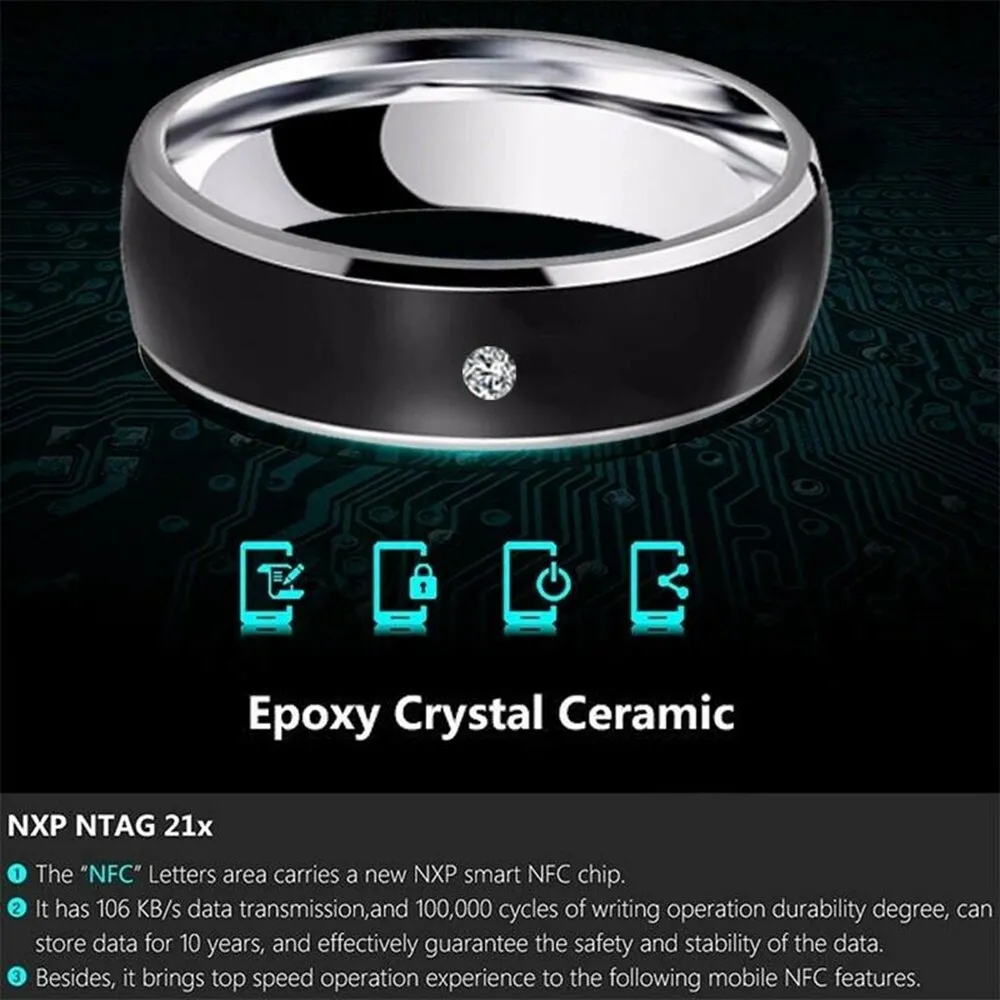 1 PC Stainless Steel Rhinestone Smart Temperature Sensing NFC Fashion Ring