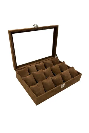 15pcs Wooden, Glass Watch Box Brown Native Suede Coated Brown Suede Padded