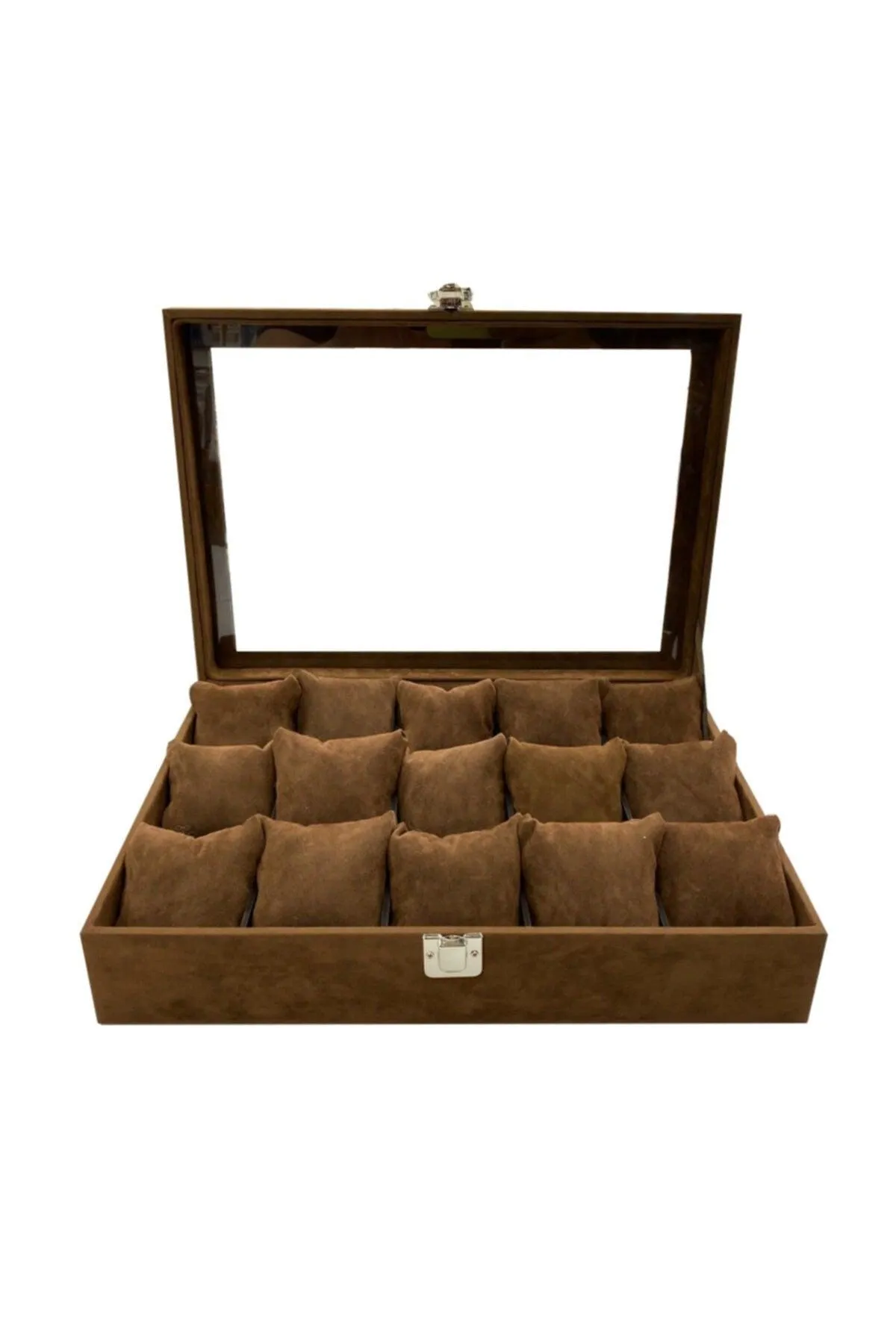 15pcs Wooden, Glass Watch Box Brown Native Suede Coated Brown Suede Padded
