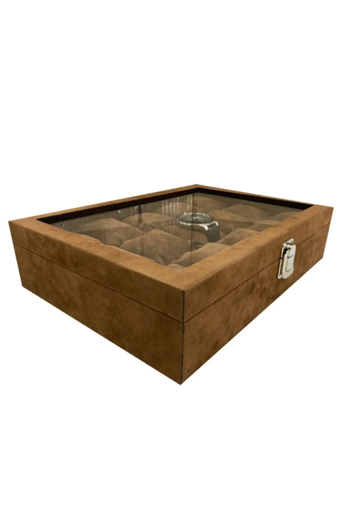15pcs Wooden, Glass Watch Box Brown Native Suede Coated Brown Suede Padded