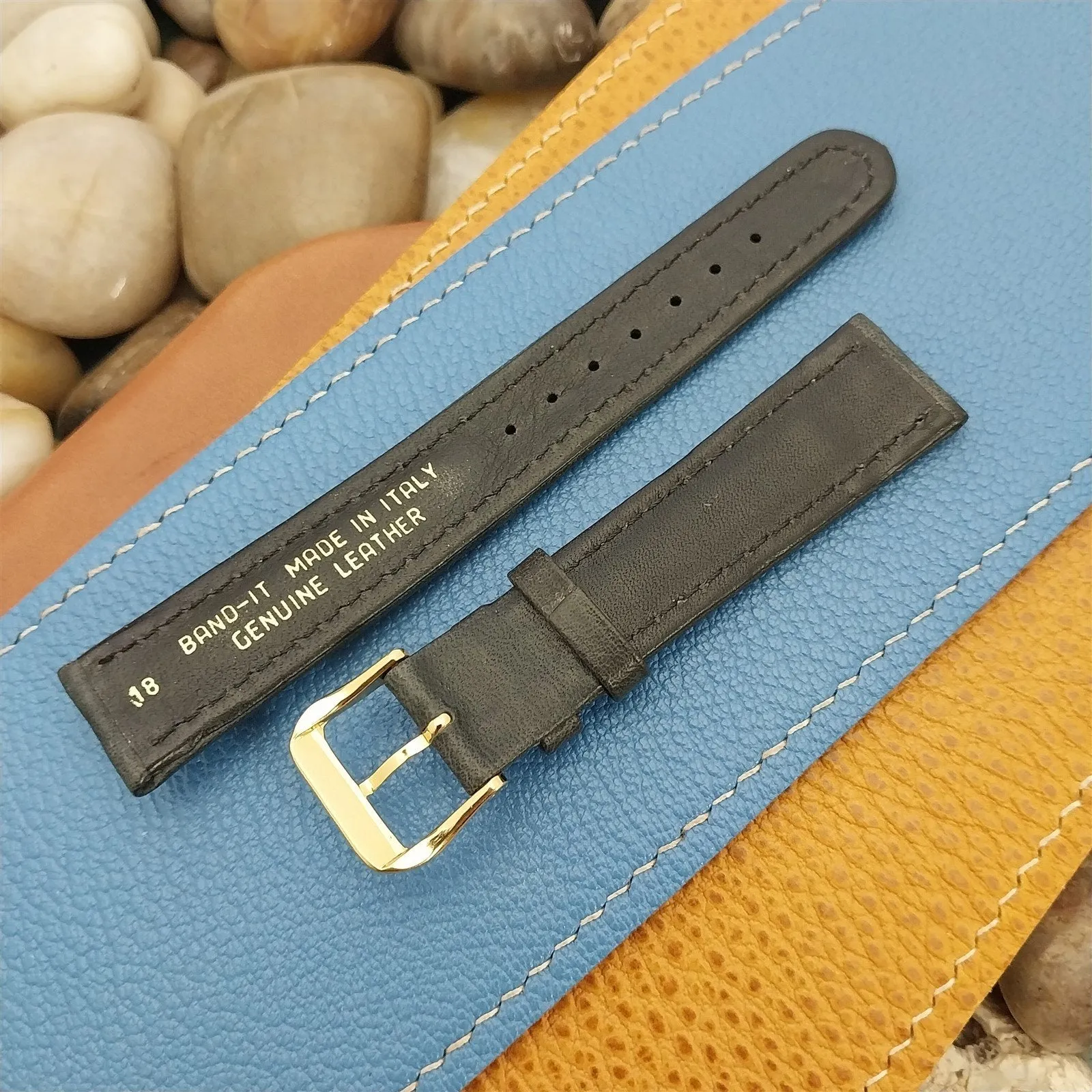 18mm Padded Ridge Leather Band-It Italy Contrast Stitch NOS Vintage Watch Band