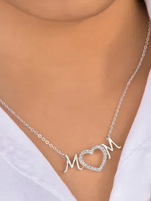 1pc Fashionable Cubic Zirconia Heart & Letter Pendant Silver Necklace For Women For Mother's Day Gift