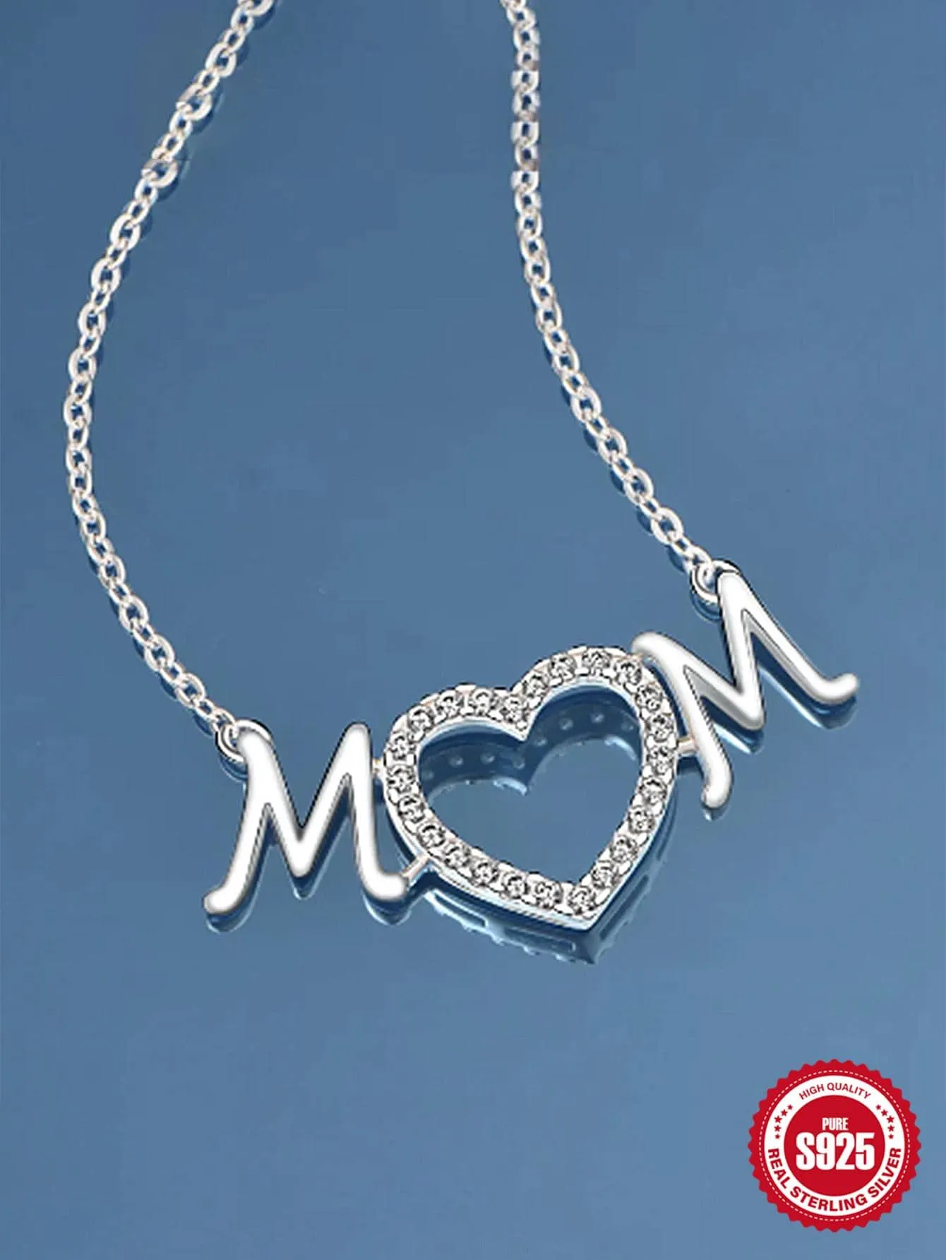 1pc Fashionable Cubic Zirconia Heart & Letter Pendant Silver Necklace For Women For Mother's Day Gift
