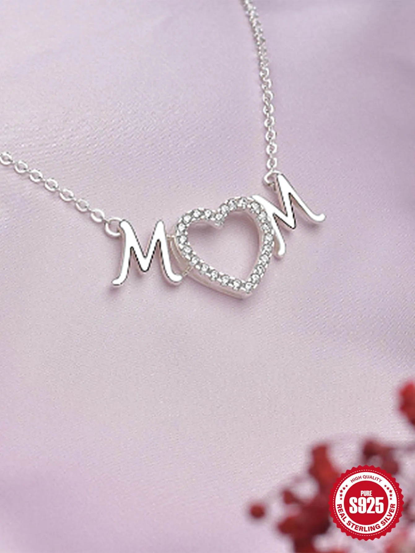 1pc Fashionable Cubic Zirconia Heart & Letter Pendant Silver Necklace For Women For Mother's Day Gift