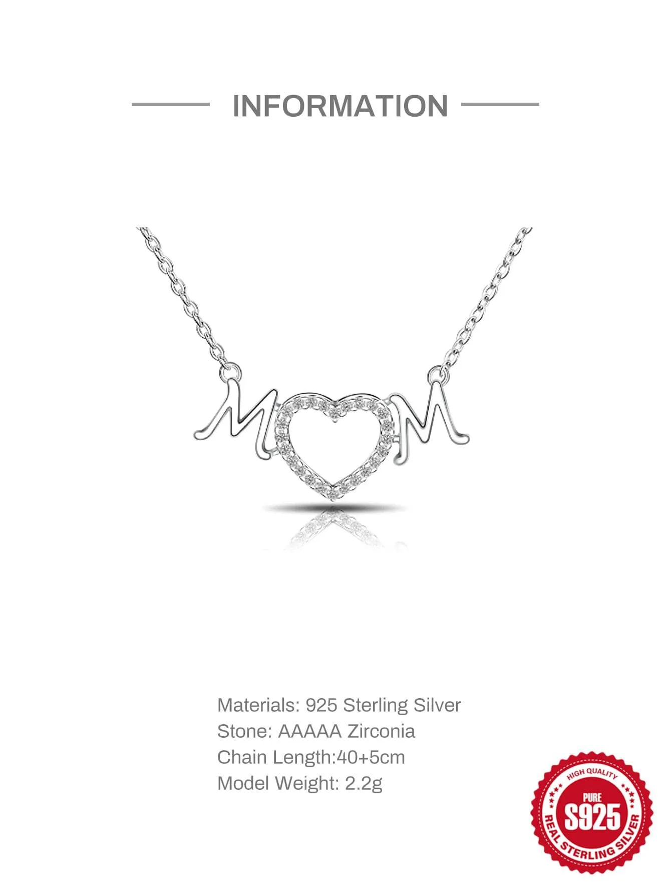1pc Fashionable Cubic Zirconia Heart & Letter Pendant Silver Necklace For Women For Mother's Day Gift