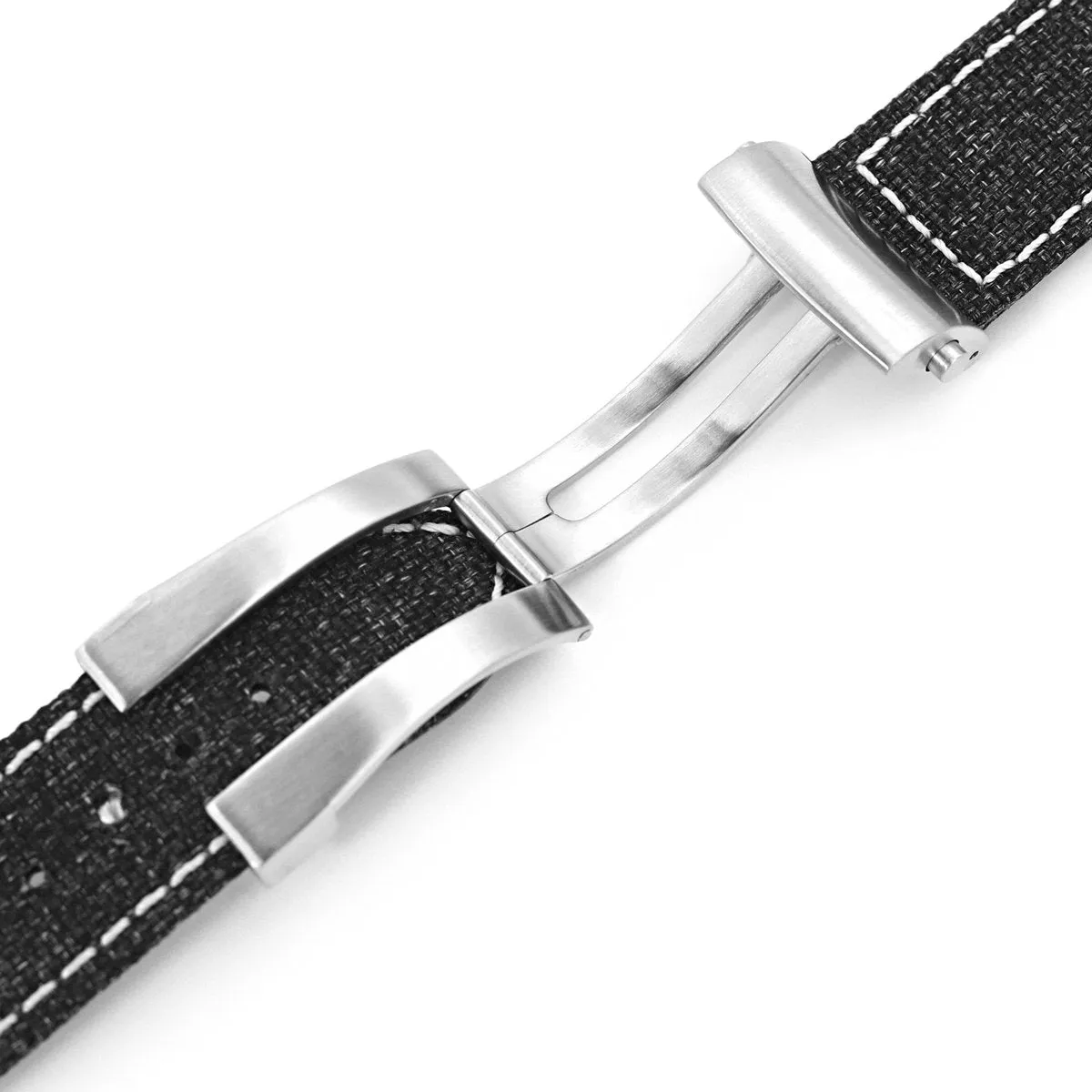 20mm or 22mm Black Canvas Watch Band Brushed Roller Deployant Buckle, Beige Stitching