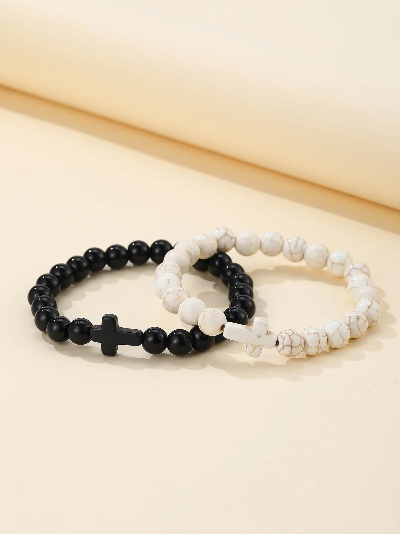 2pcs Black and White Matching Couple Cross Decor Beaded Bracelet Stackable