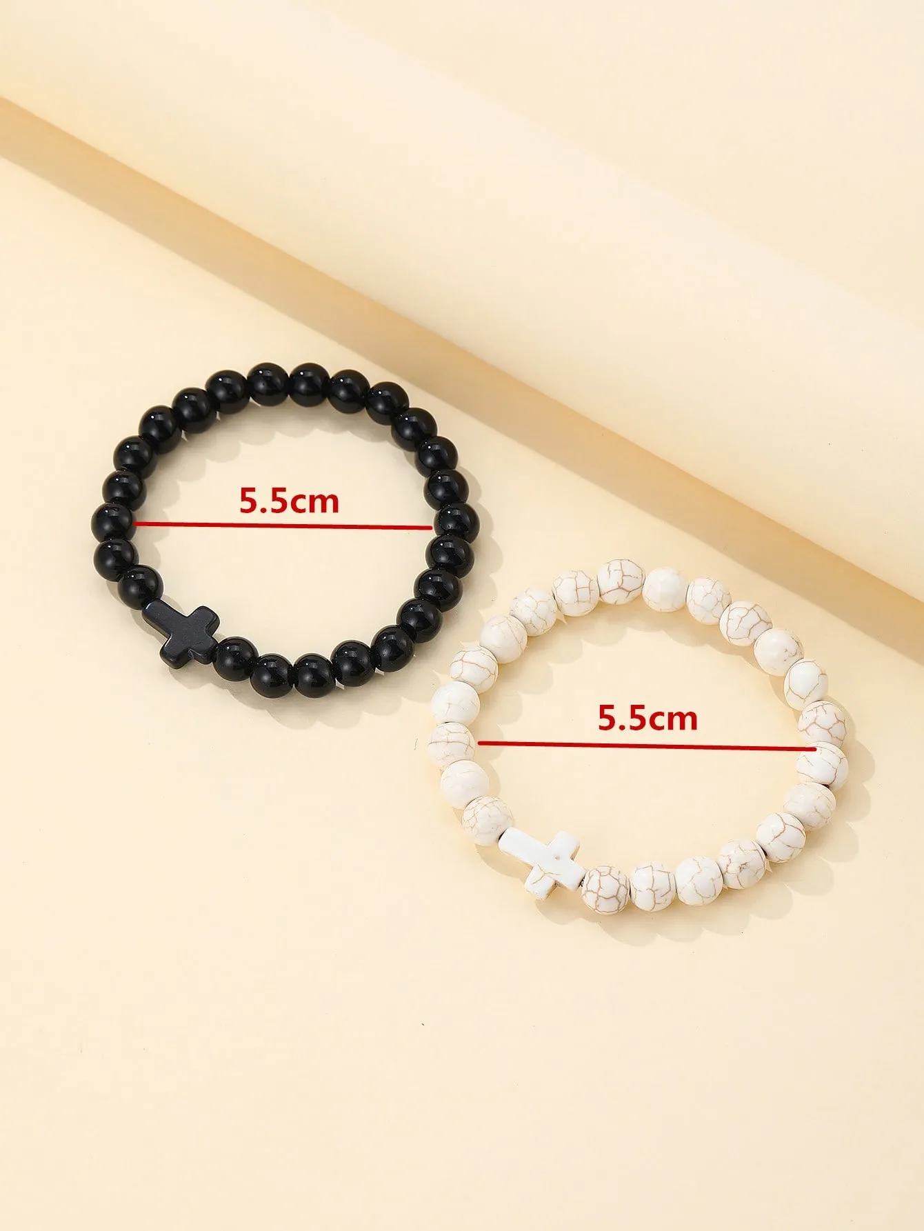 2pcs Black and White Matching Couple Cross Decor Beaded Bracelet Stackable