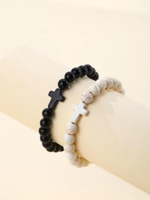 2pcs Black and White Matching Couple Cross Decor Beaded Bracelet Stackable