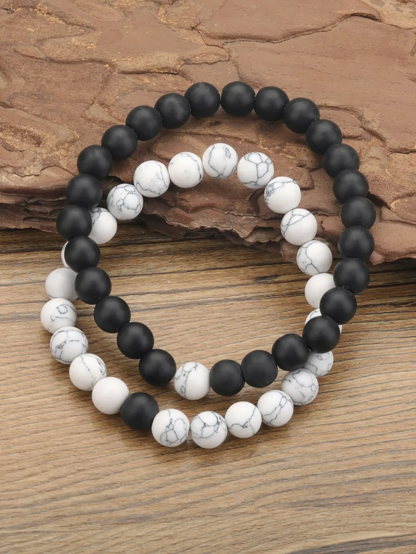 2pcs Black and White Stone Decor Couple Beaded Bracelet Women Bracelet Stackable