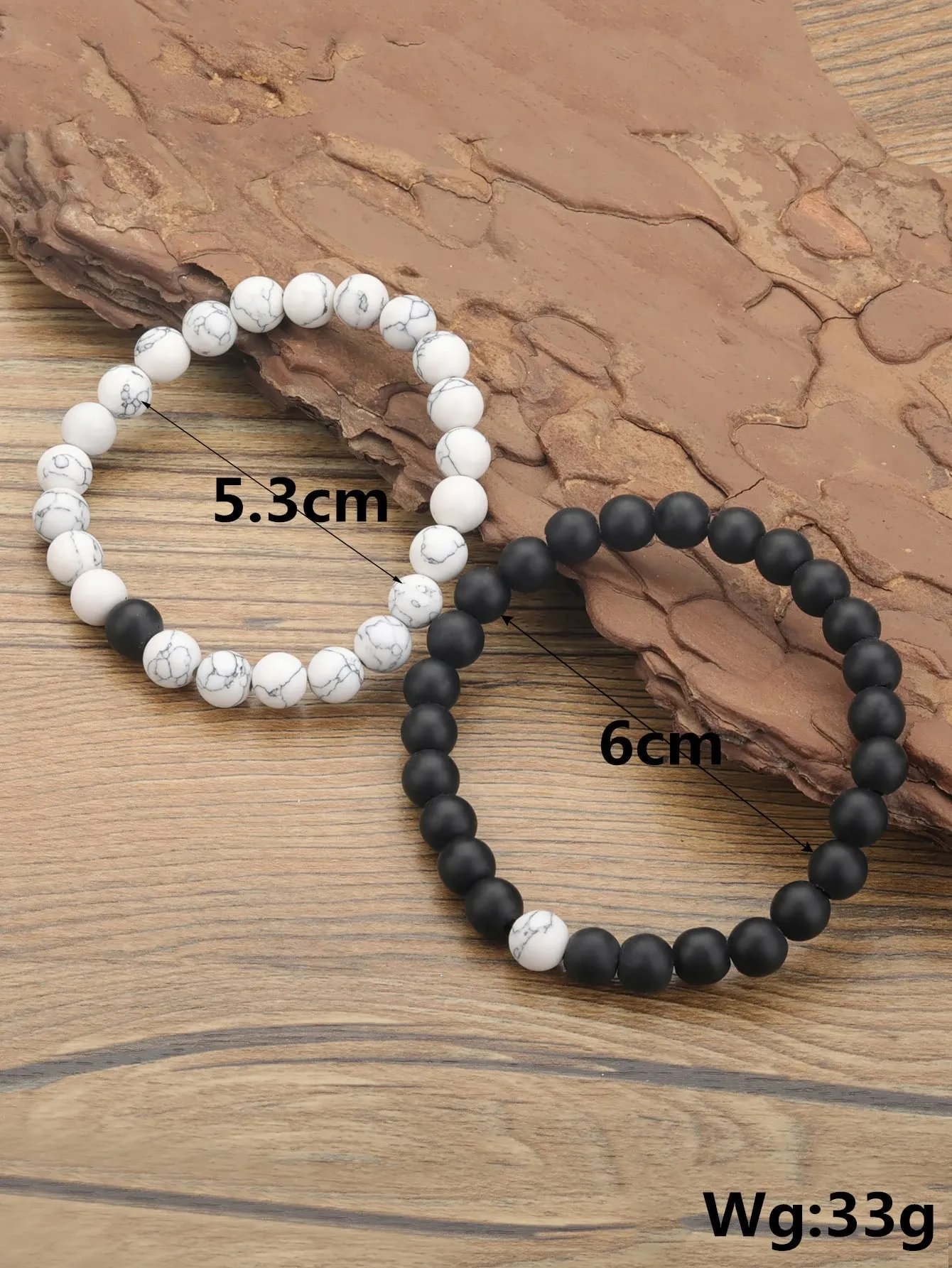 2pcs Black and White Stone Decor Couple Beaded Bracelet Women Bracelet Stackable