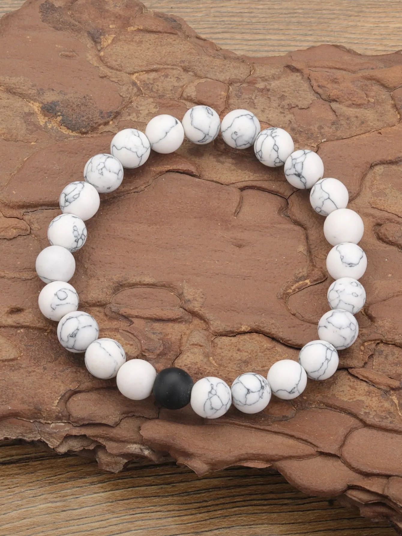 2pcs Black and White Stone Decor Couple Beaded Bracelet Women Bracelet Stackable