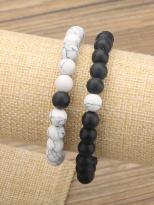 2pcs Black and White Stone Decor Couple Beaded Bracelet Women Bracelet Stackable
