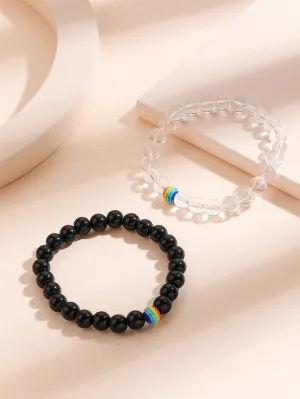 2pcs LGBT Rainbow Striped Beaded Bracelet Women Bracelet Stackable Bracelet