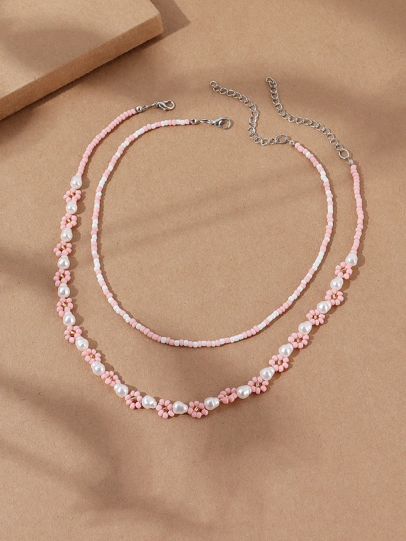 2pcs Light Pink Flower Decor Beaded Necklace for Women Girls Accessories Jewelry