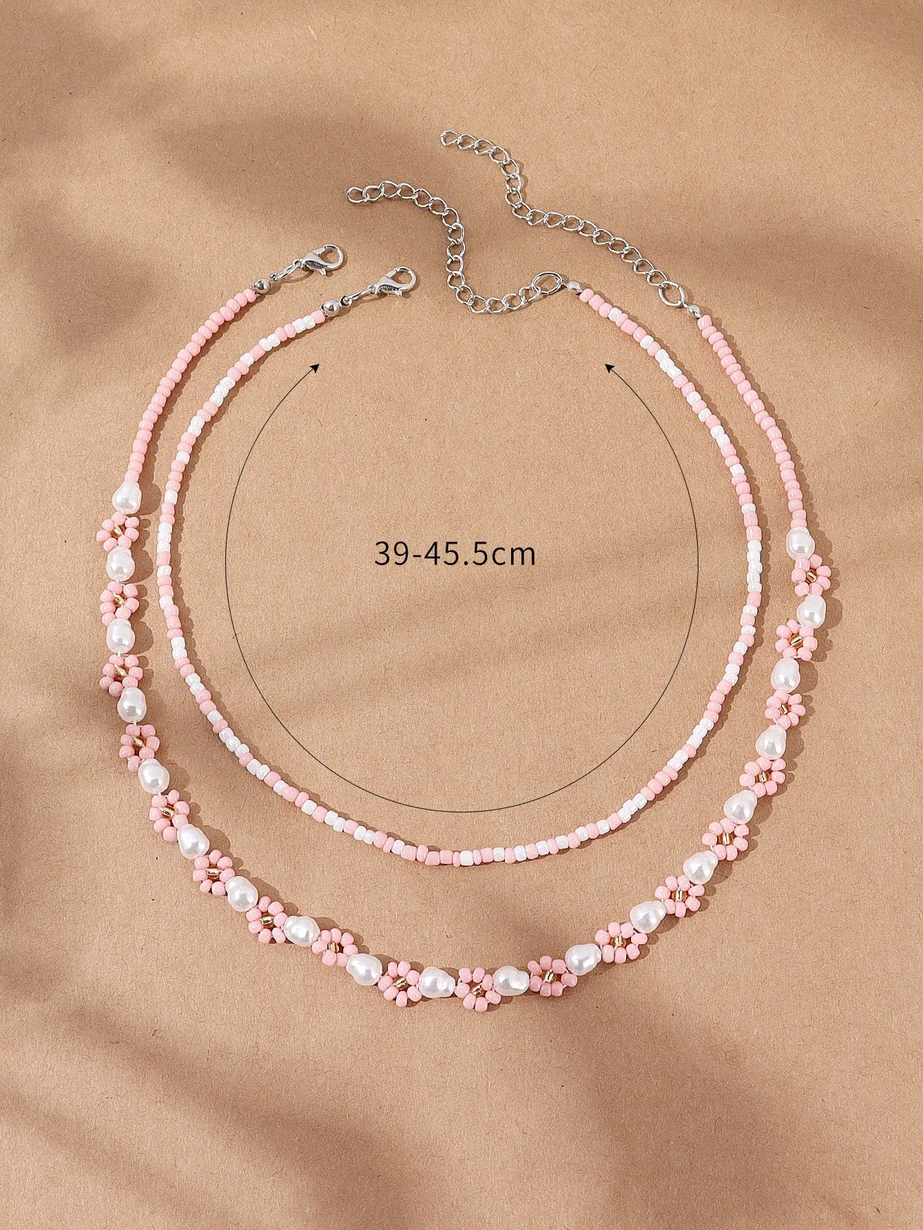 2pcs Light Pink Flower Decor Beaded Necklace for Women Girls Accessories Jewelry