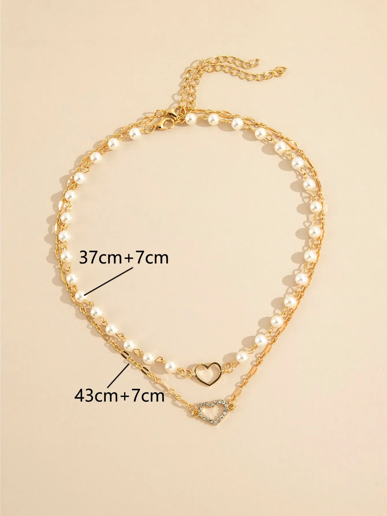 2pcs Rhinestone Heart Decor Faux Pearl Necklace Creative Necklace for Women