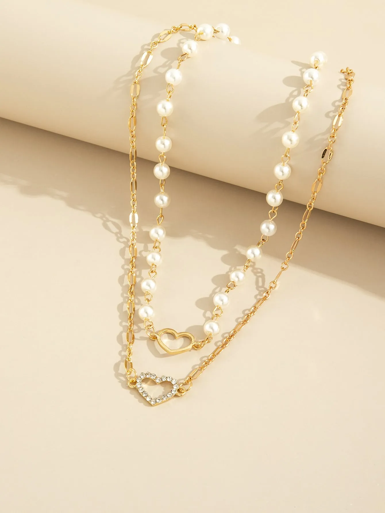 2pcs Rhinestone Heart Decor Faux Pearl Necklace Creative Necklace for Women