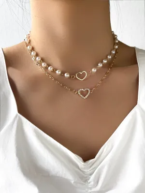 2pcs Rhinestone Heart Decor Faux Pearl Necklace Creative Necklace for Women