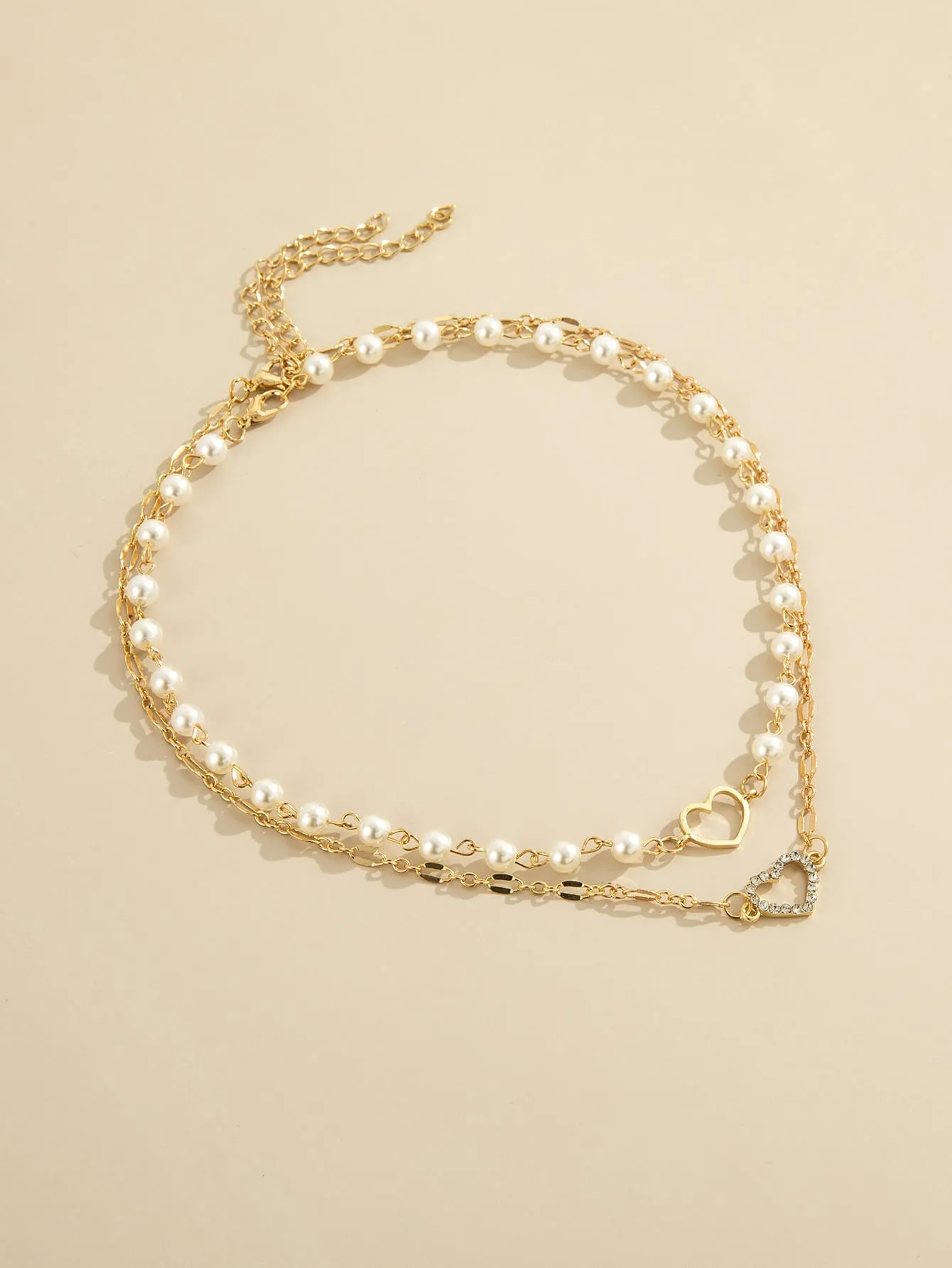 2pcs Rhinestone Heart Decor Faux Pearl Necklace Creative Necklace for Women
