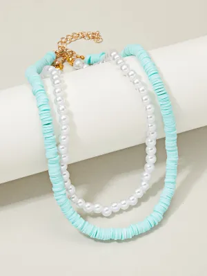 2pcs Sky Blue Beads and Pearl Beaded Necklace for Women Girls Accessories