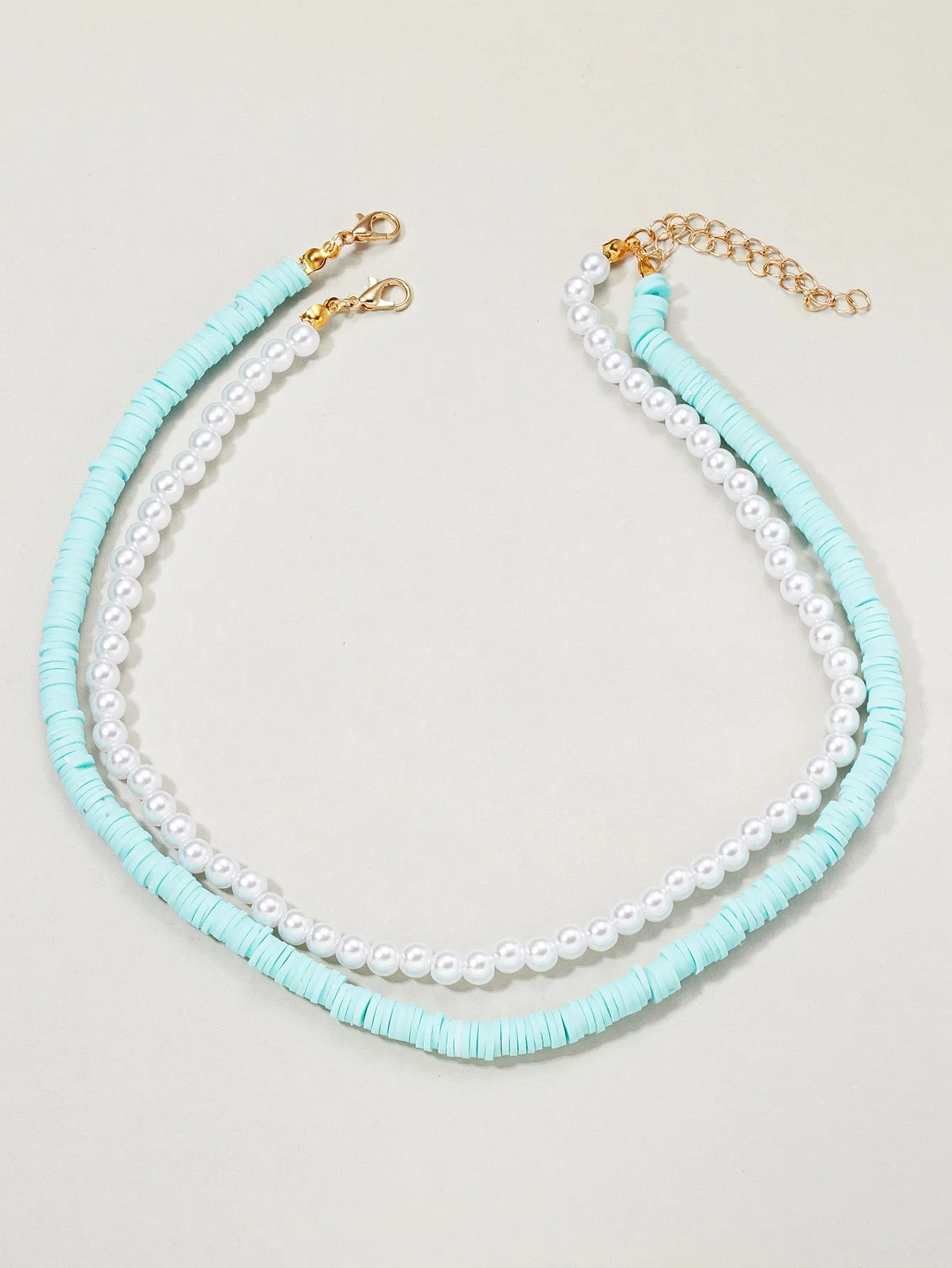 2pcs Sky Blue Beads and Pearl Beaded Necklace for Women Girls Accessories