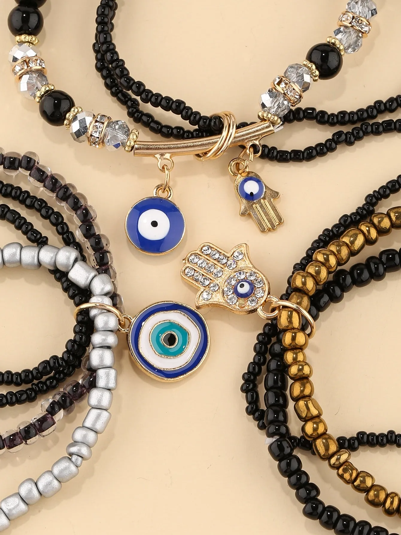 3pcs Evil Eye Hamsa Charm Beaded Bracelet Women Bracelet Stackable Bracelet