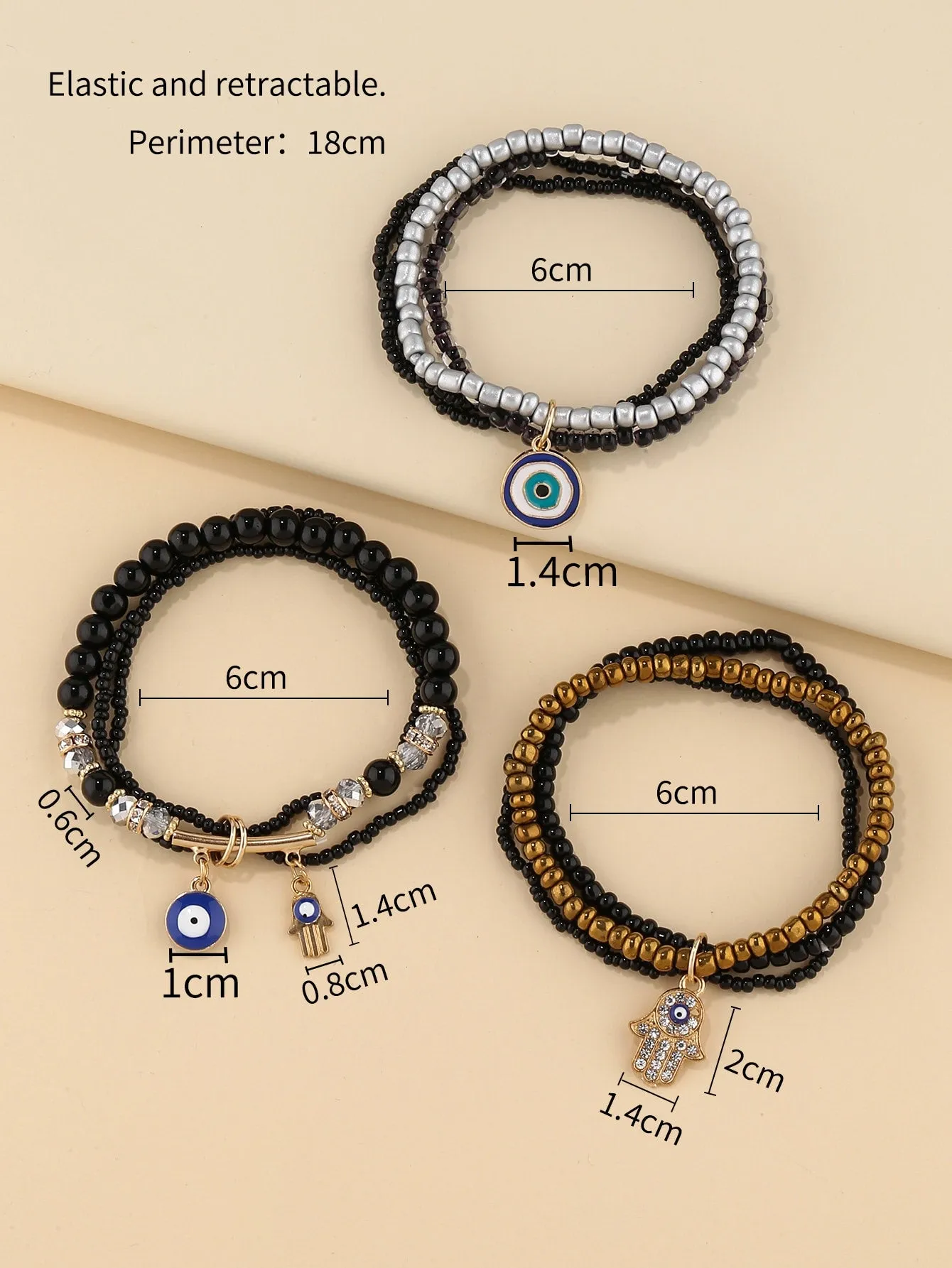 3pcs Evil Eye Hamsa Charm Beaded Bracelet Women Bracelet Stackable Bracelet
