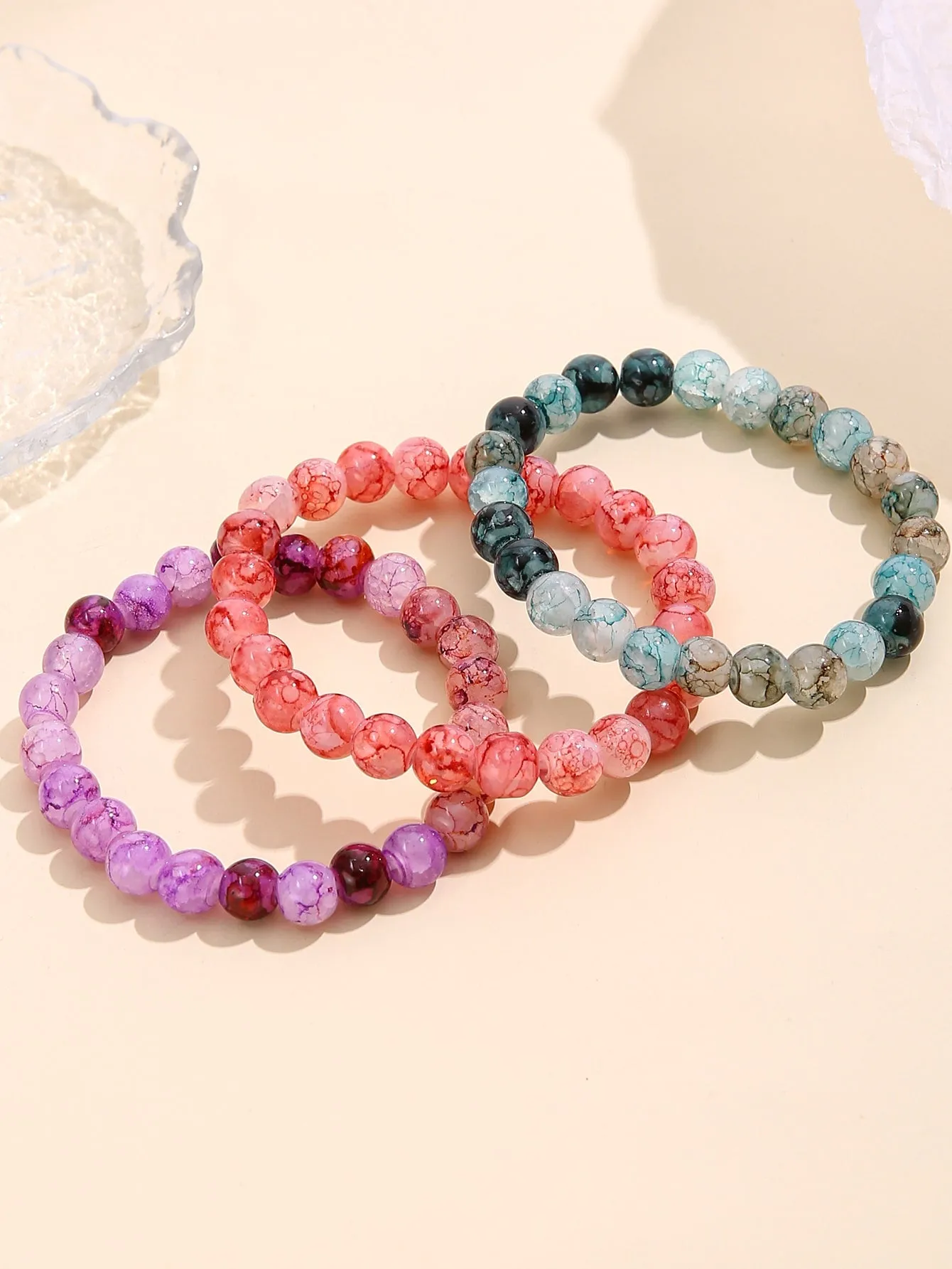 3pcs Graphic Beaded Bracelet Stackable Stretch Bracelets Colorful Beads Design