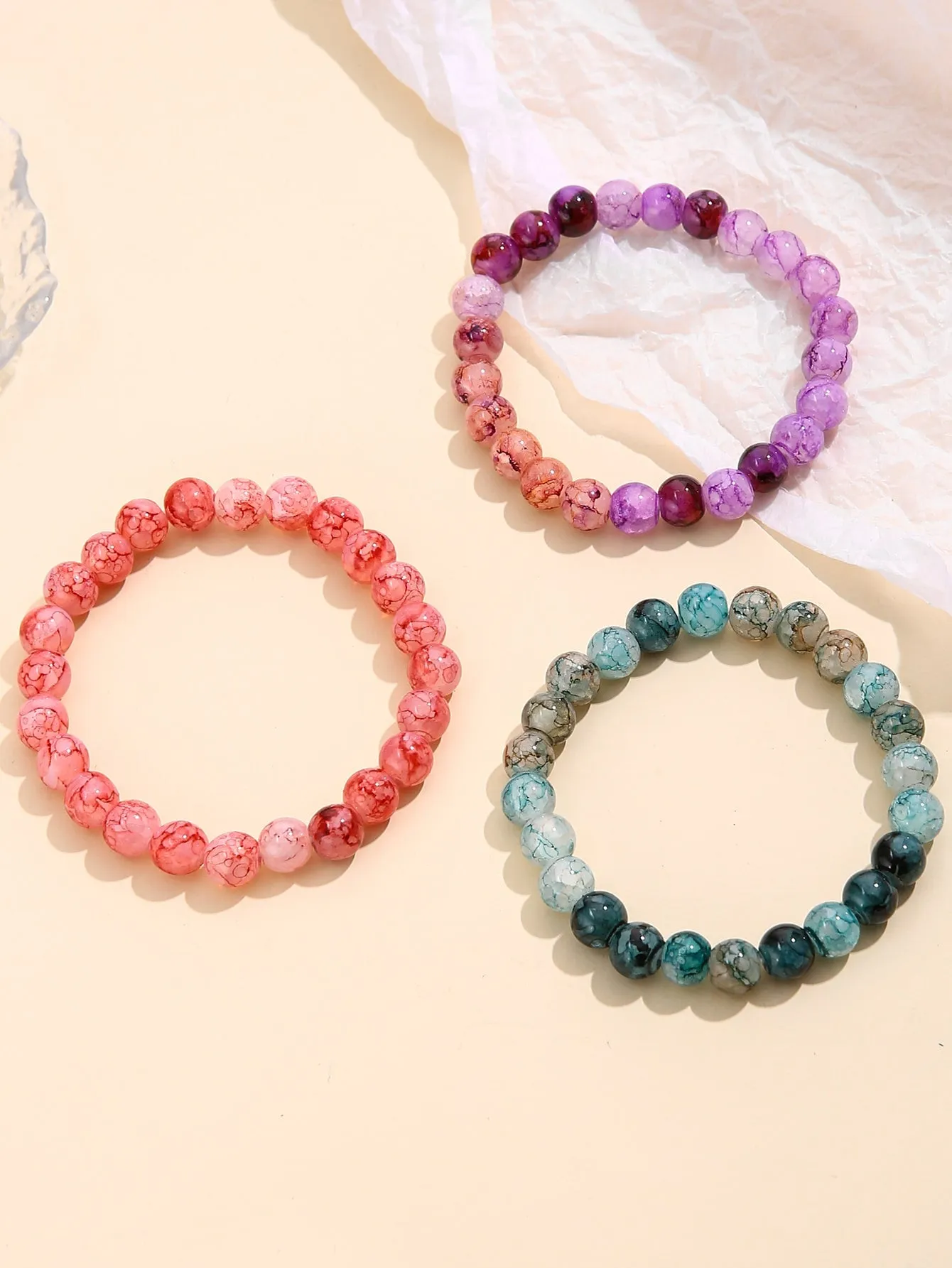 3pcs Graphic Beaded Bracelet Stackable Stretch Bracelets Colorful Beads Design