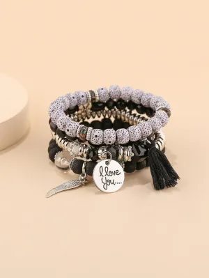 4pcs Black and Silver Color Tassel Charm Beaded Bracelet Women Bracelet