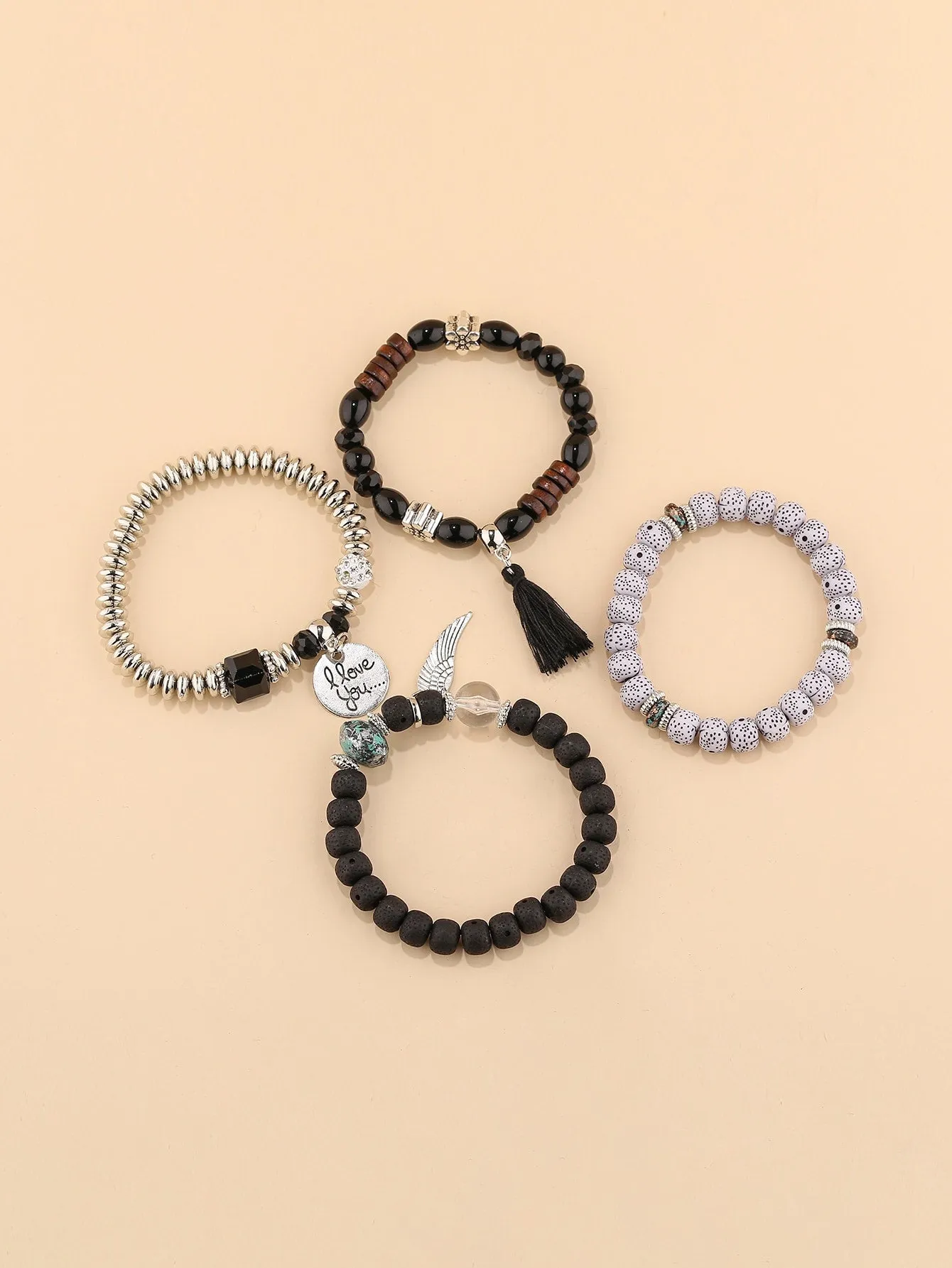 4pcs Black and Silver Color Tassel Charm Beaded Bracelet Women Bracelet