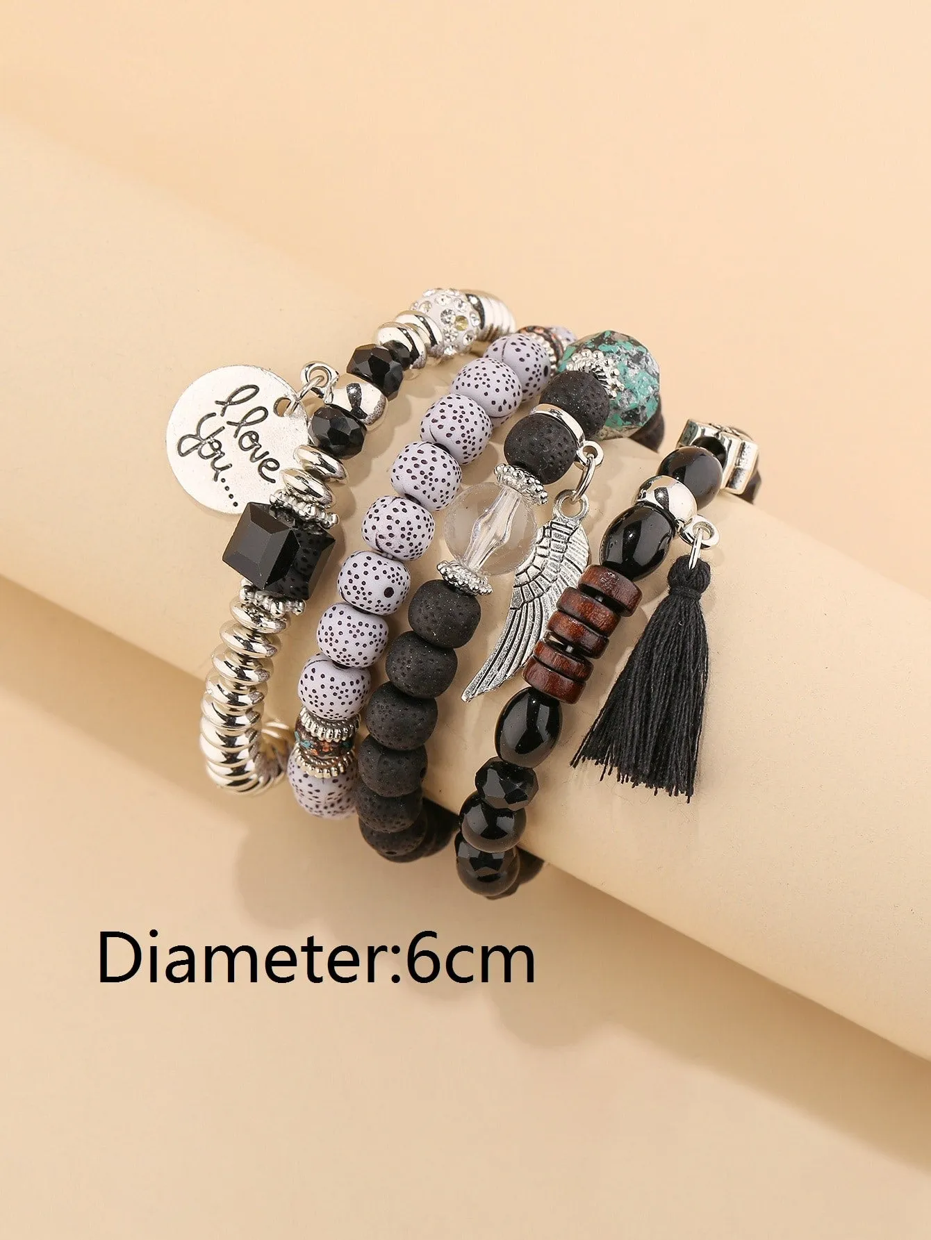 4pcs Black and Silver Color Tassel Charm Beaded Bracelet Women Bracelet