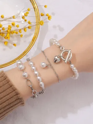 4pcs Heart Charm Faux Pearl Beaded Buckle Bracelet Women Bracelet Stackable