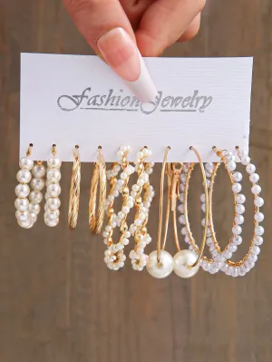 5pairs Faux Pearl Decor Hoop Earrings