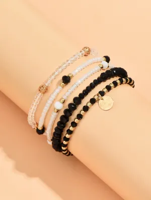 5pcs Disc Charm White and Black Beaded Bracelet Stackable Stretch Bracelets