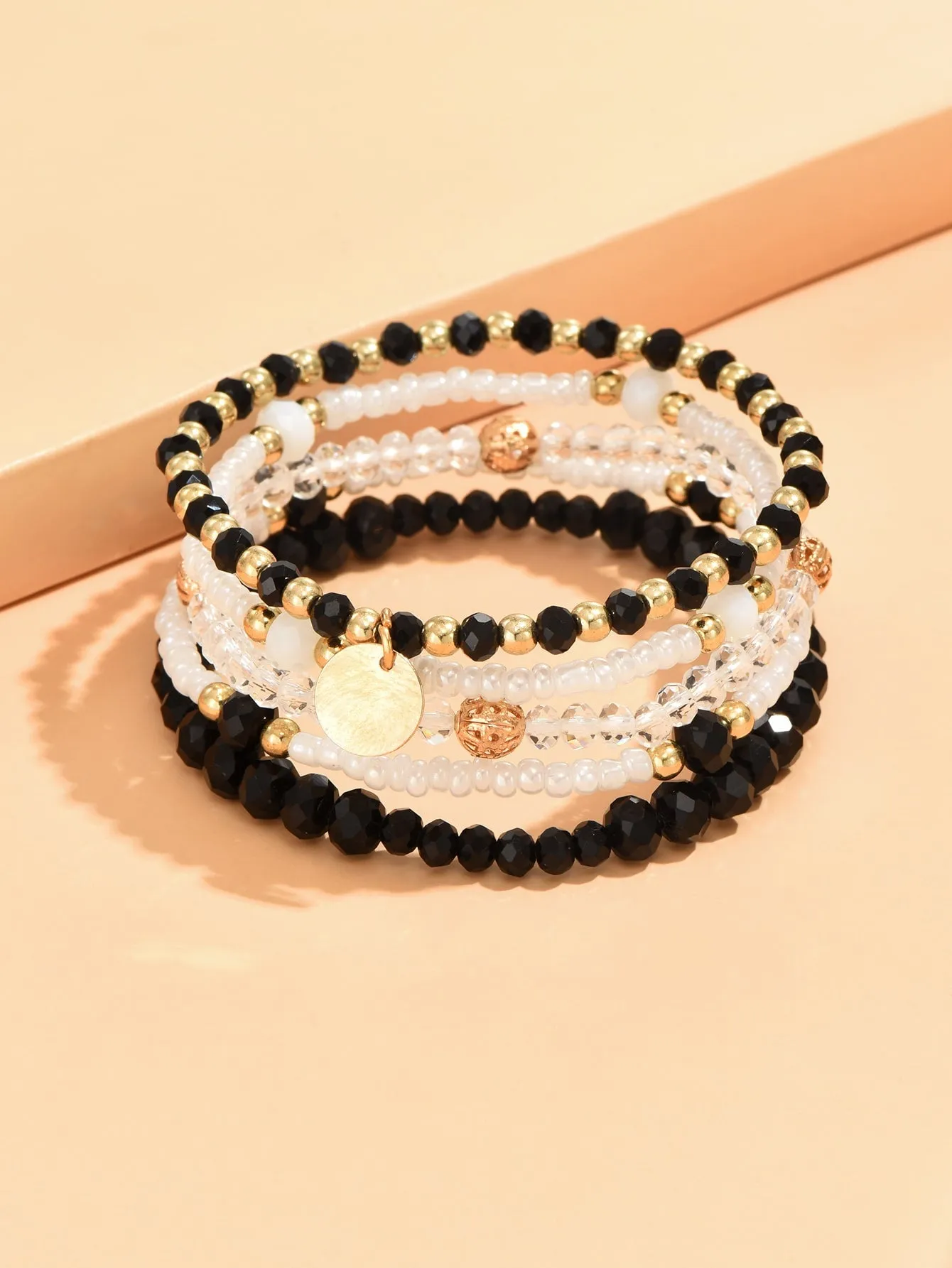 5pcs Disc Charm White and Black Beaded Bracelet Stackable Stretch Bracelets