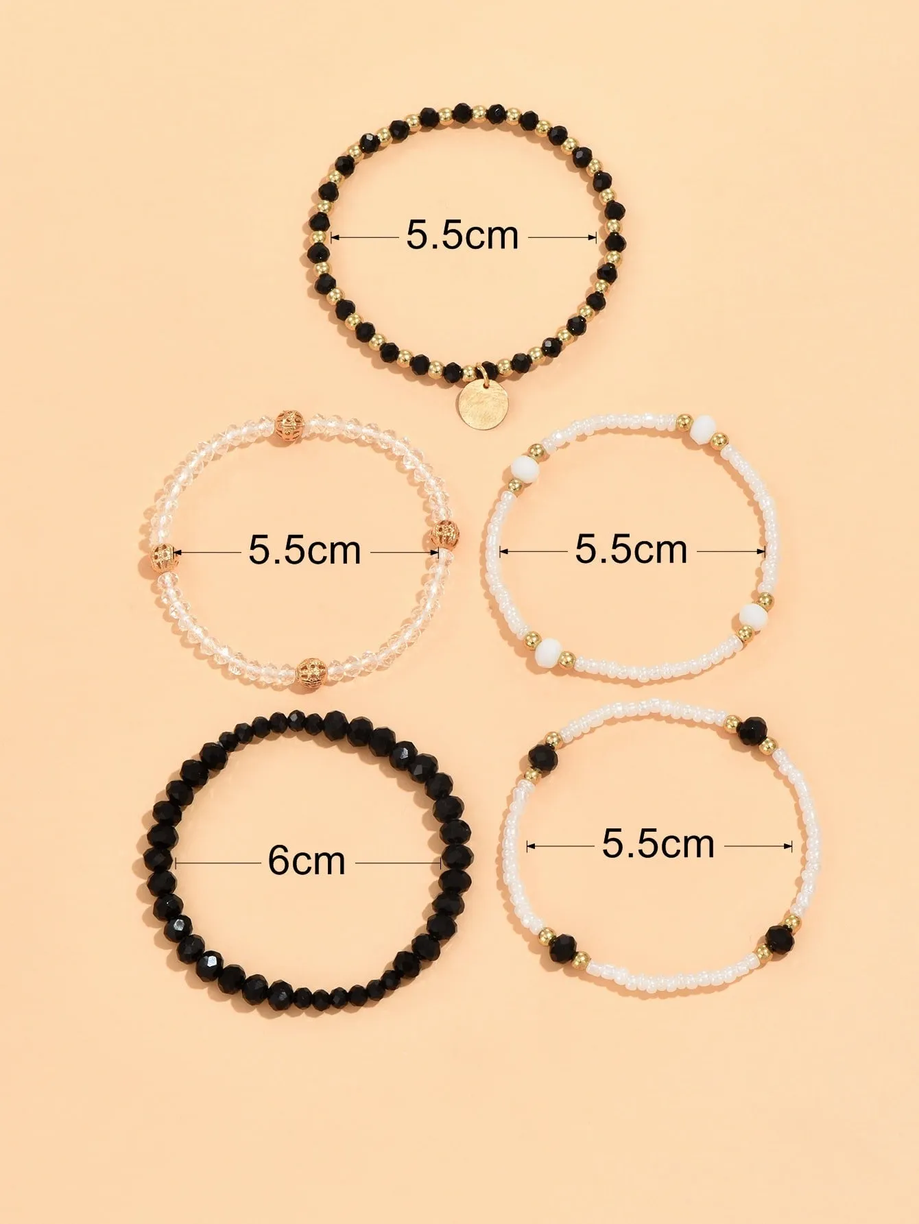 5pcs Disc Charm White and Black Beaded Bracelet Stackable Stretch Bracelets