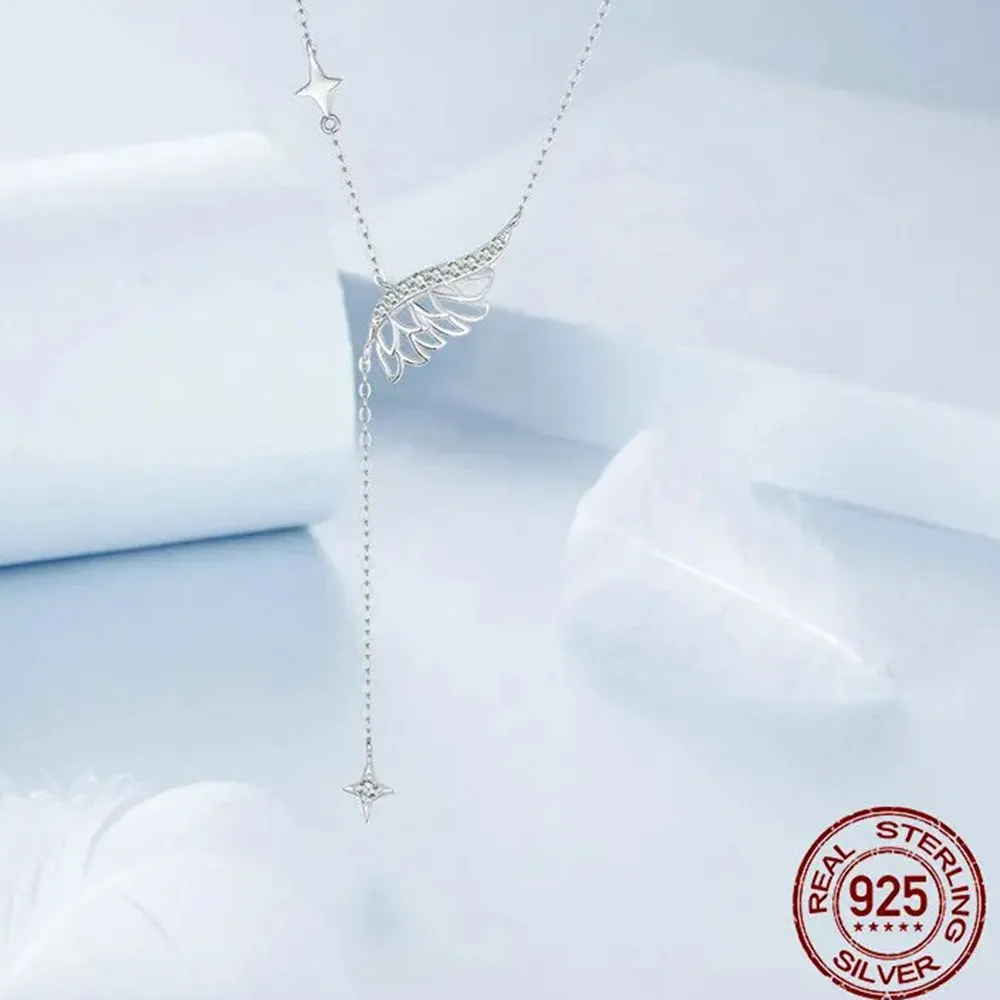 925 Sterling Silver Angel Wing Necklace, White Gold Plated Classic Necklace with Cubic Zirconia Jewelry Gift for Women