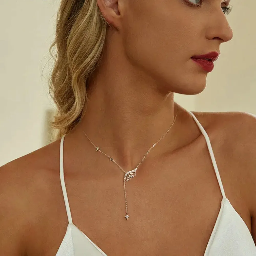 925 Sterling Silver Angel Wing Necklace, White Gold Plated Classic Necklace with Cubic Zirconia Jewelry Gift for Women