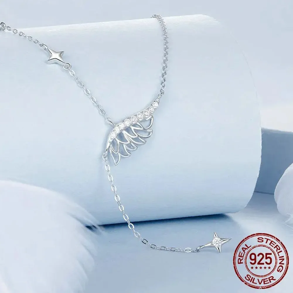 925 Sterling Silver Angel Wing Necklace, White Gold Plated Classic Necklace with Cubic Zirconia Jewelry Gift for Women