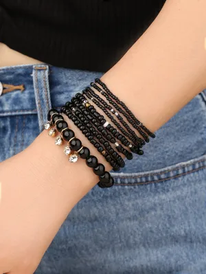 9pcs Black Beaded Bracelet Women Bracelet Stackable Bracelet Crafted Jewelry
