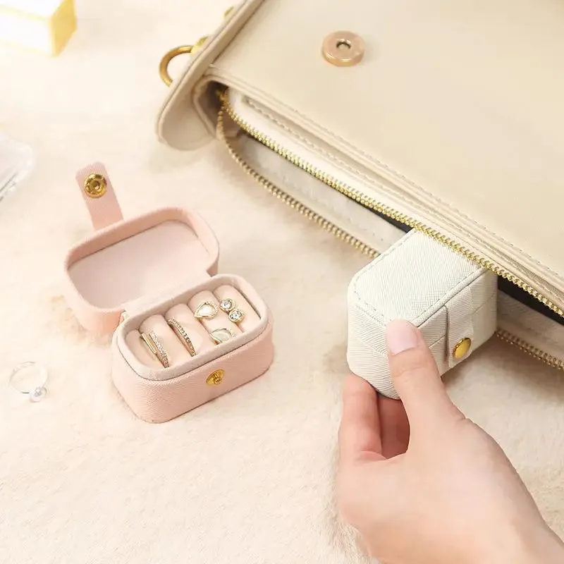 Anyhouz Jewelry Storage Mini Ring Box Portable 2pc Beige Organizer Display Travel Simple Mini Gift Case Boxes Leather Earring Necklace Holder