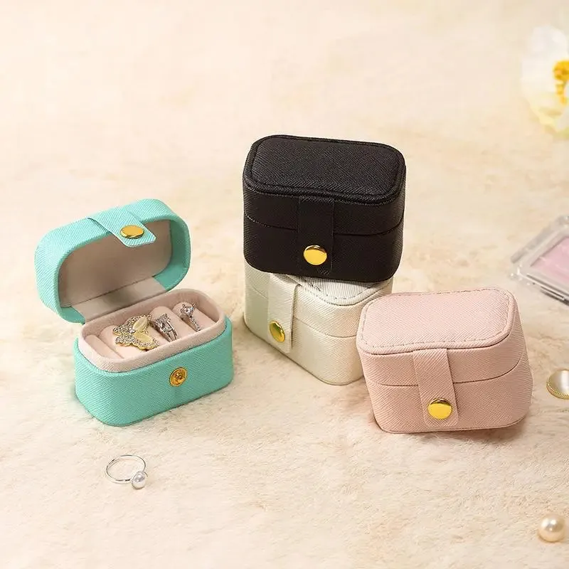 Anyhouz Jewelry Storage Mini Ring Box Portable 2pc Beige Organizer Display Travel Simple Mini Gift Case Boxes Leather Earring Necklace Holder