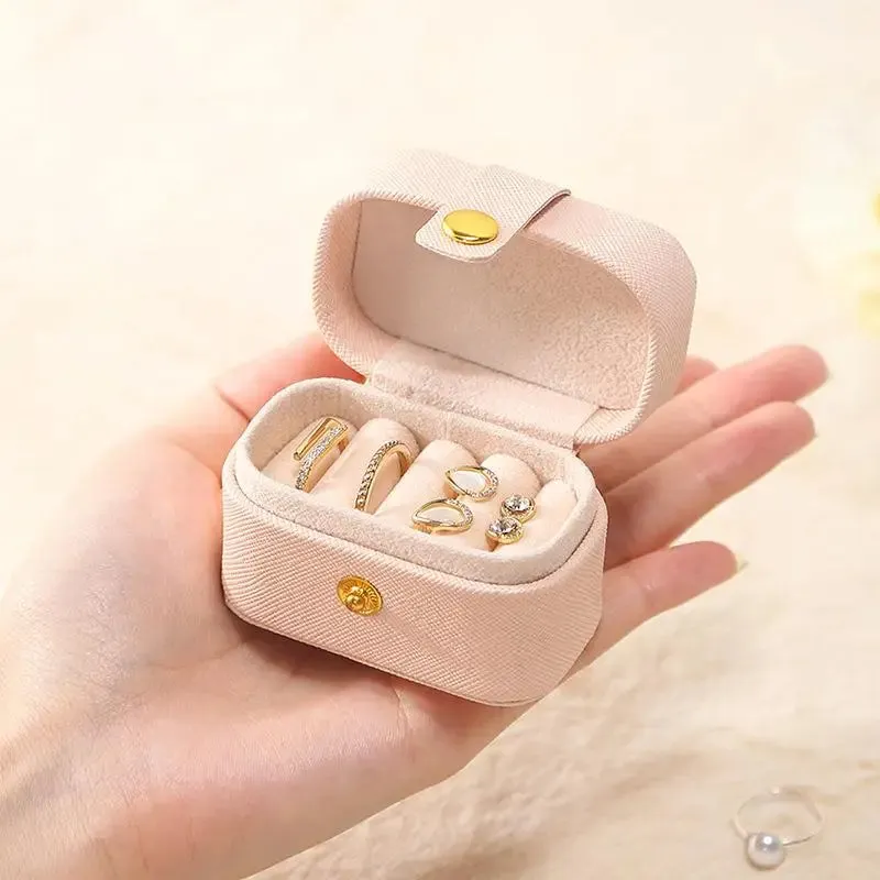 Anyhouz Jewelry Storage Mini Ring Box Portable 2pc Beige Organizer Display Travel Simple Mini Gift Case Boxes Leather Earring Necklace Holder