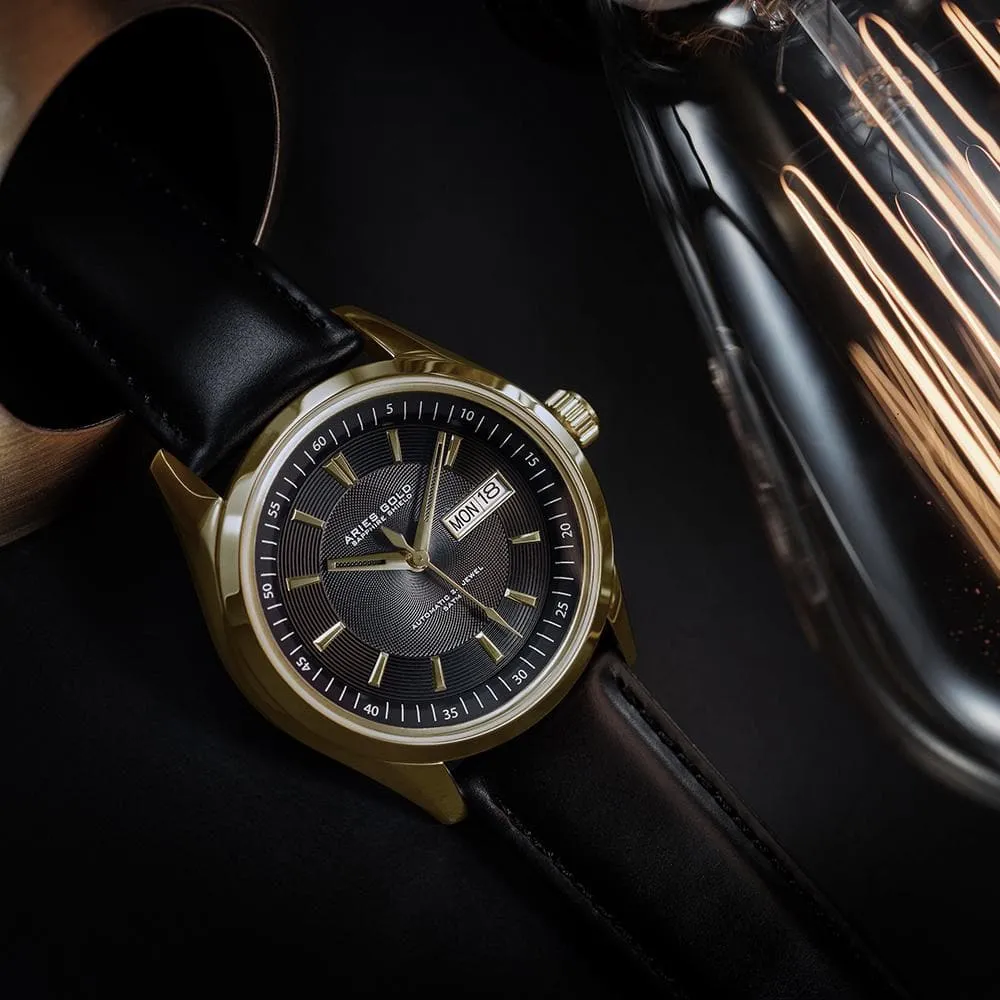 ARIES GOLD AUTOMATIC INFINUM PRESIDENT GOLD STAINLESS STEEL G 9004 G-BK BLACK LEATHER STRAP MEN'S WATCH