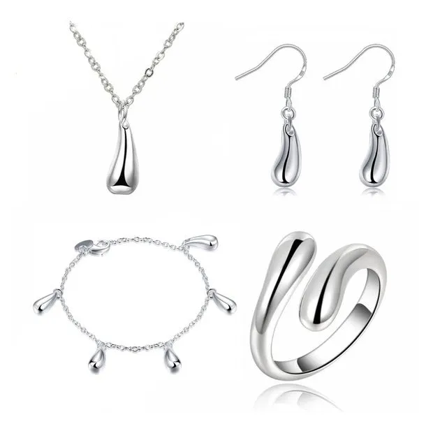 Big Promotion S222 Silver Color Water Drop Jewelry Sets Ring Necklace Bangle Earrings Women 925 Stamped Jewellry