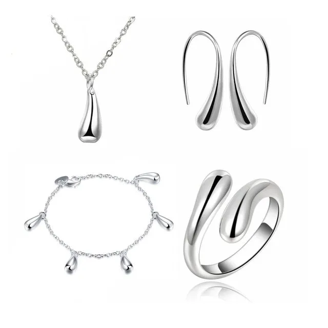 Big Promotion S222 Silver Color Water Drop Jewelry Sets Ring Necklace Bangle Earrings Women 925 Stamped Jewellry